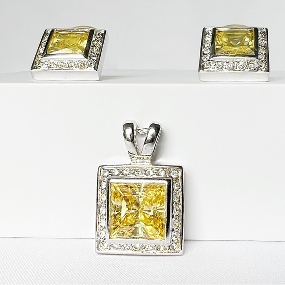 FANCY Canary Yellow and White Zirconias Earrings and Pendant Set 10K Gold Plated - Picture 6 of 8